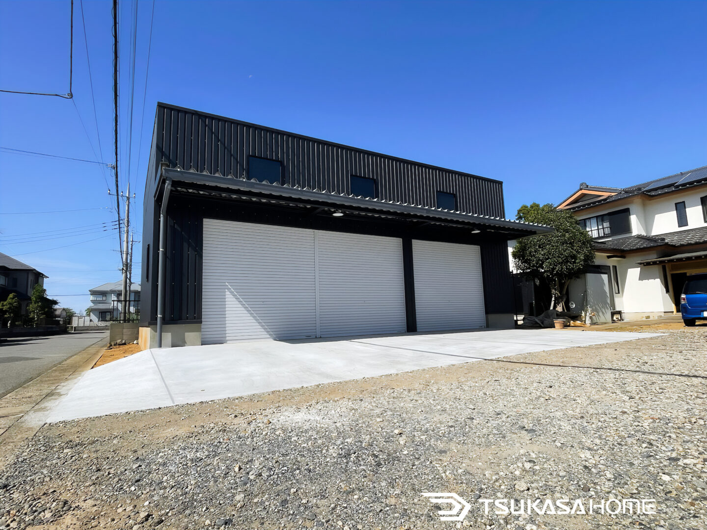 鉄骨車庫ガレージ 3台駐車 全景 千葉県八街市施工例