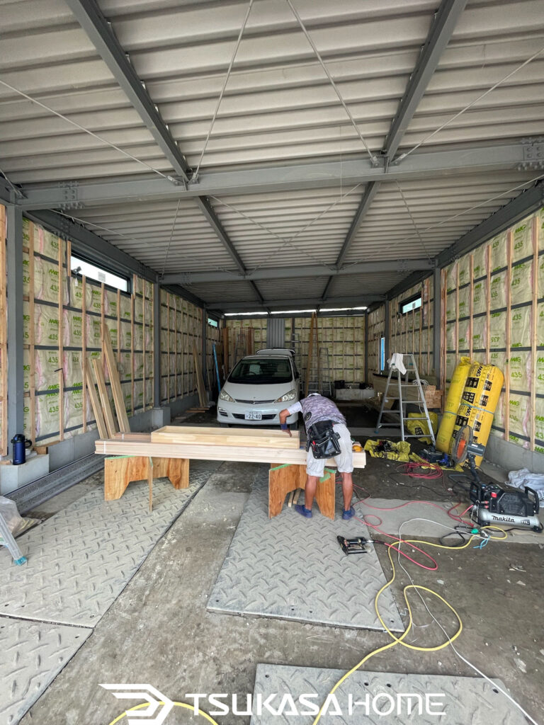 断熱材施工後のガレージ内部 空間全体の様子 流山市