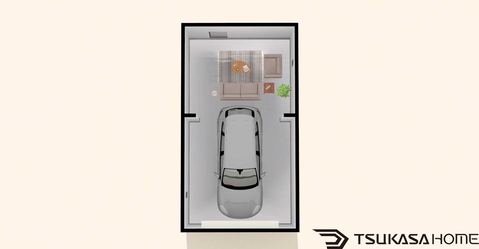 ホビールームガレージの平面図｜車1台と趣味スペースを確保した断熱木造ガレージ（取手市）
