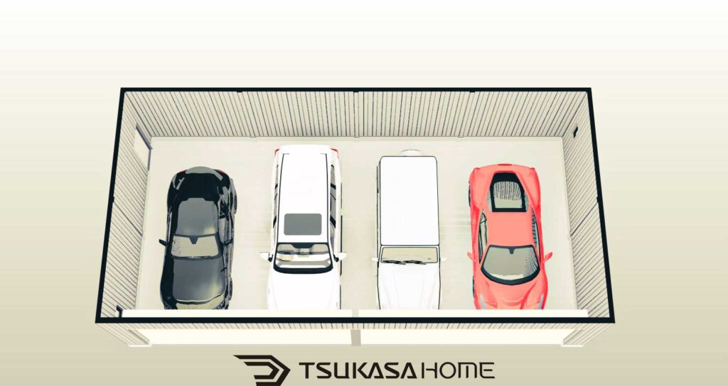 大多喜町に建築した4台駐車の鉄骨ガレージ内観画像