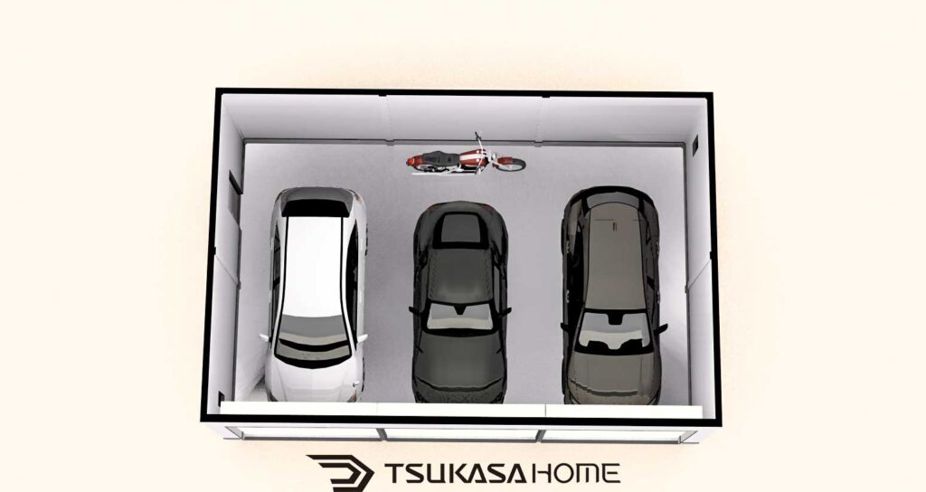 大多喜町に建築した3台駐車の鉄骨ガレージ内観画像