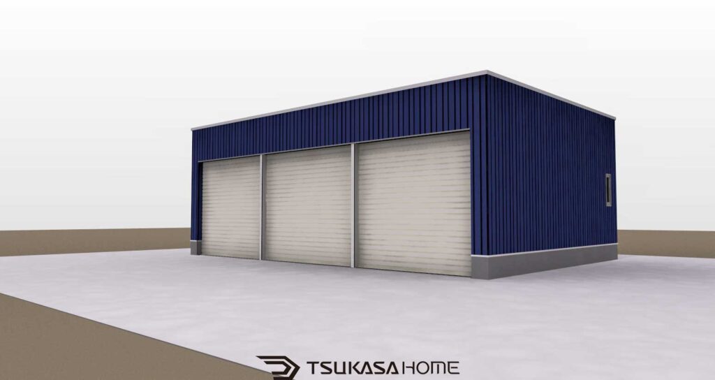 大多喜町に建築した3台駐車の鉄骨ガレージ外観画像
